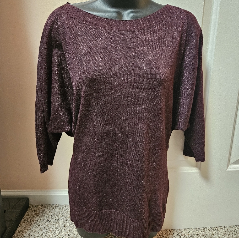 Magenta Scoop Neck Sparkly Sweater with Ribbed Cuffs and Hem